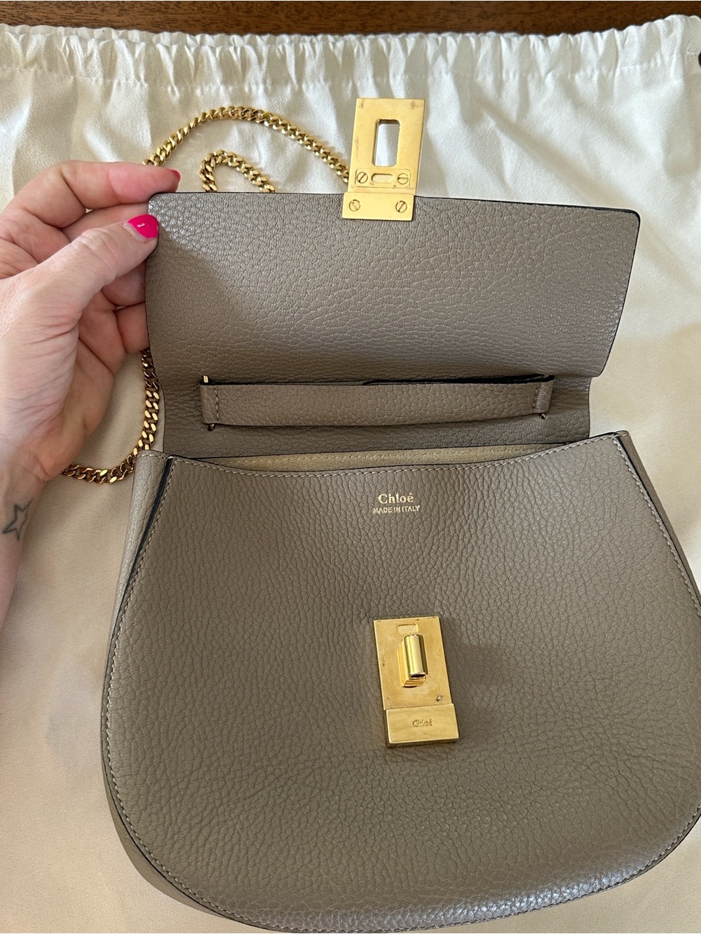 Chloe Grained Lambskin Drew Shoulder Bag Motty Grey Gold chain and pin w/ CoA - Picture 13 of 13